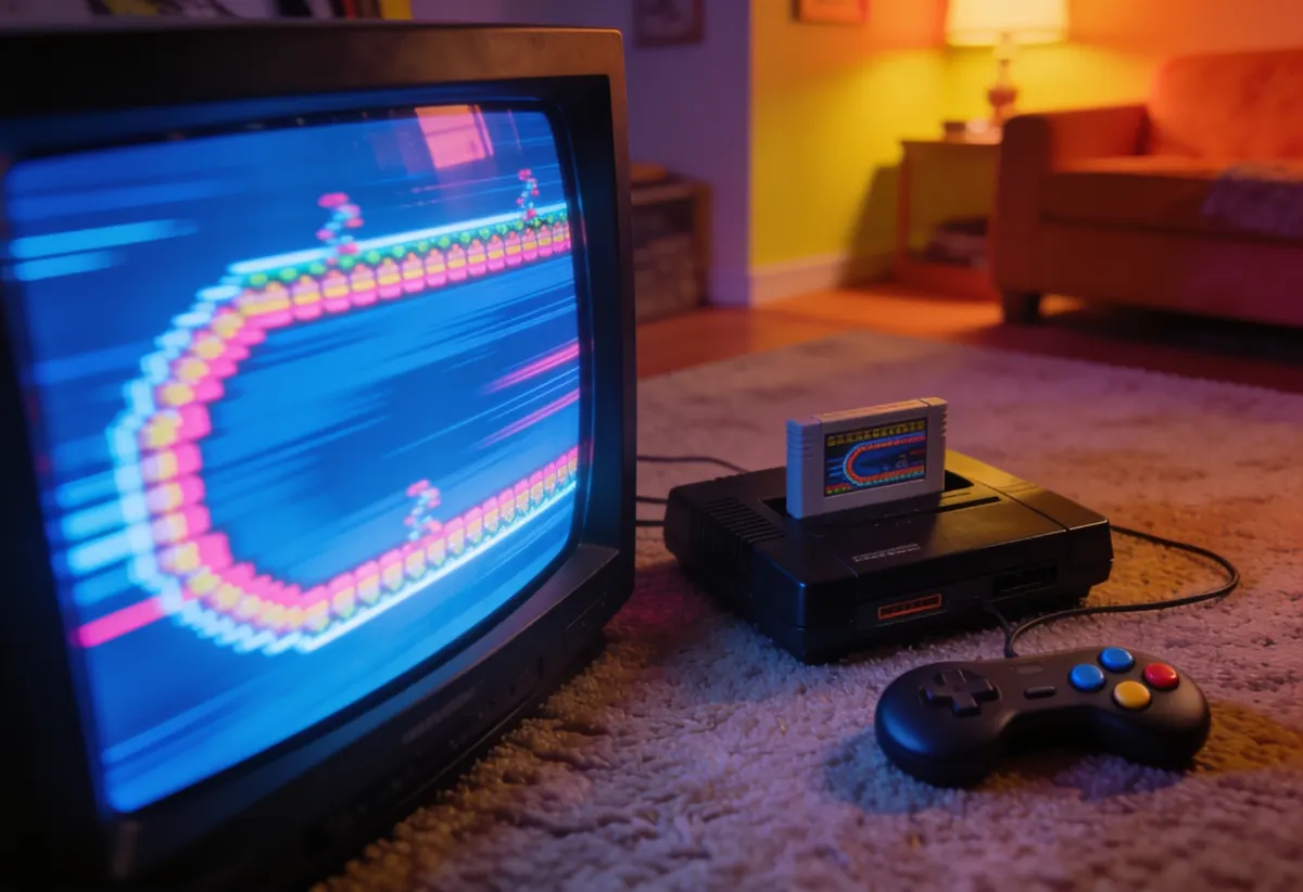 Spielkonsole der frühen 1990er Jahre vor einem Röhrenfernseher