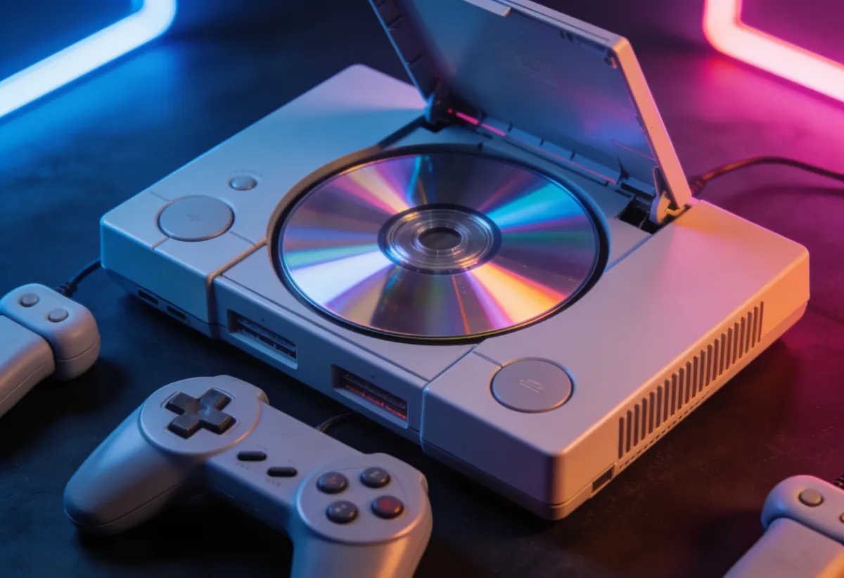Graue Spielkonsole mit CD-Laufwerk aus den 1990er Jahren