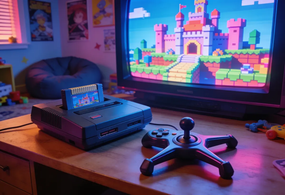 Spielkonsole mit Dreizack-Controller vor einem Röhrenfernseher