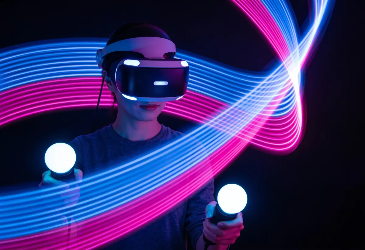 Person mit VR-Headset und leuchtenden Controllern